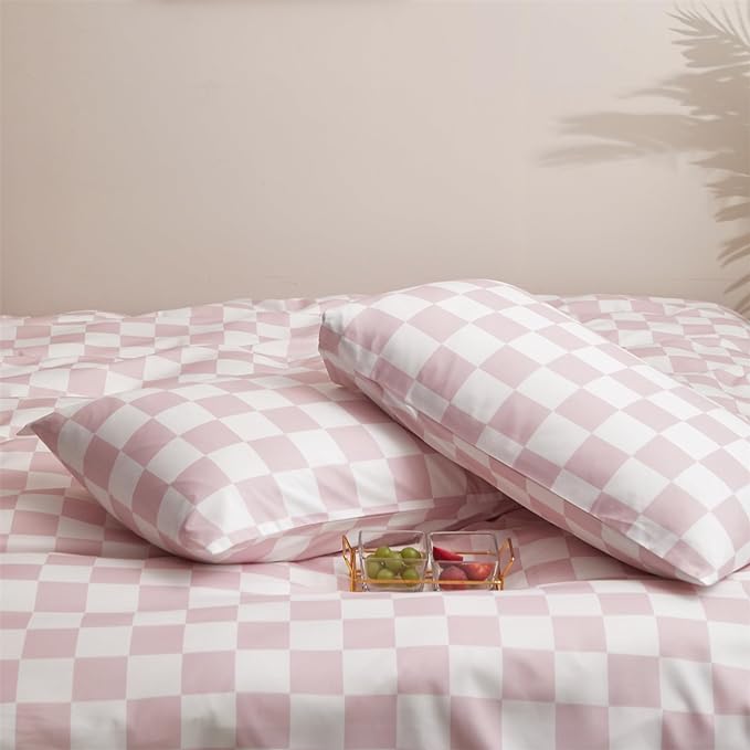 Pink White Grid Comforter Set Twin Pink Plaid Bedding Set Girls Pink and White Checkered Bed Comforter Set Breathable Blanket Set Kids Durable Bedding Comforter Set