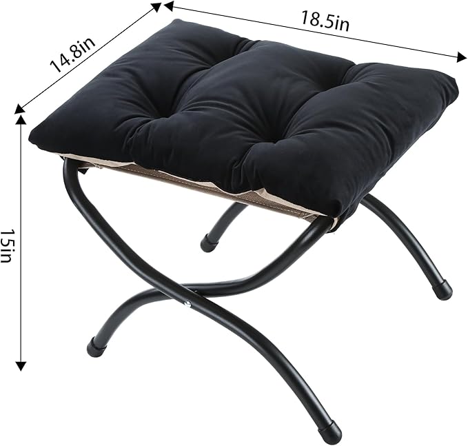 15" Foldable Foot Stool Ottoman with Metal Frame - Washable Black Upholstered Indoor/Outdoor Footrest for Living Room, Bedroom, Patio - Space-Saving Compact Design