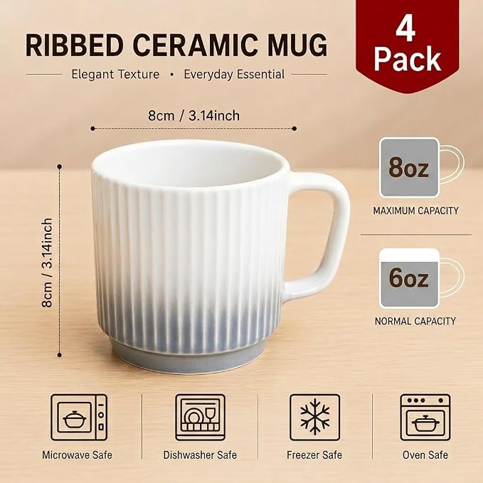 8 oz Stackable Coffee Mugs Set of 4, Ceramic Coffee Mug Cappuccino Cups | Coffee Cup for Hot Drinks, Latte, Cocoa & Tea, Coffee Mug for Home & Office Use, Birthday Gift for Coffee Lovers, Grey