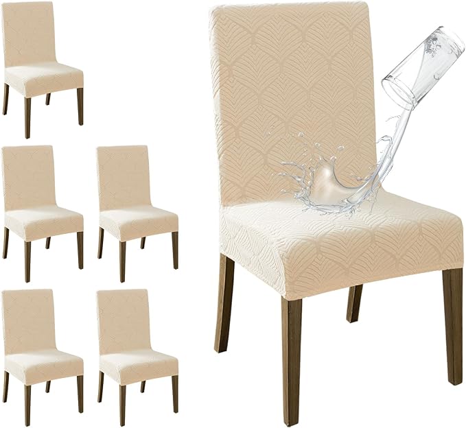 MOSAYT 100% Waterproof Dining Room Chair Covers Set of 6, Super Fit Stretch Jacquard Parson Chairs Slipcovers Removable Washable Chair Seat Protectors for Home, Kitchen, Banquet (Beige - XL)