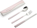 DEVICO Travel Utensils with Case, 4 Piece Portable Silverware Set for Work | 18/8 Stainless Steel Reusable Travel Cutlery Set, Korean Chopsticks Fork and Spoon Set for Lunch Box/Camping/Picnic/Dorm,Pink