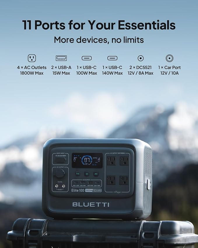 BLUETTI Elite 100 V2 Solar Generator with 2 200W Solar Panel (Ship Separately), 1024Wh Portable Power Station w/ 4 1800W AC Outlets, 35% Smaller, Ideal for Camping, Emergencies, Backup Power (2025New)