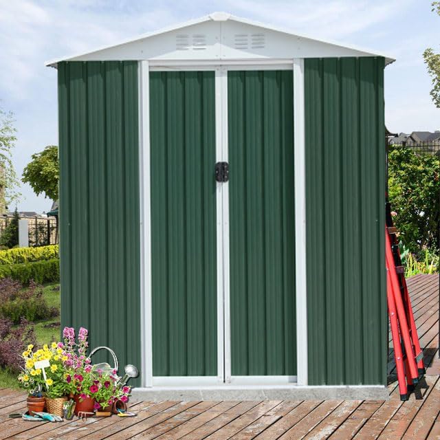 6' x 4' Metal Outdoor Storage Shed, Garden Tool House with 2 Vents and 2 Easy Sliding Doors for Backyard, Patio, Garage, Lawn Metal Storage Shed （Green）