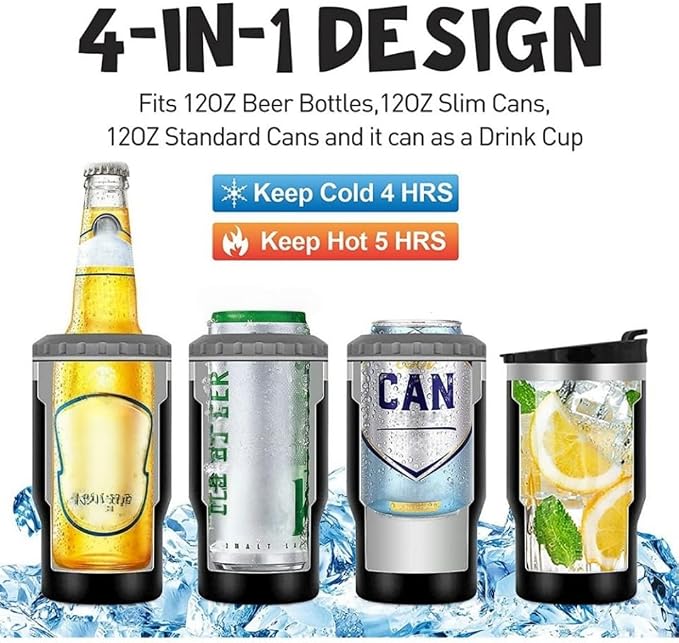 14oz 4 in 1 Stainless Steel Can Cooler Beer Bottle Insulator With 2 Lids for 12oz can&bottle, Double walled insulated Thermocooler &Travel Mug Holder Keeping Your Bevearge Cold (Orange#)