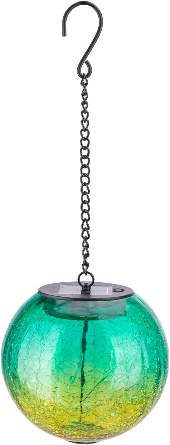 Hanging Solar Lights Outdoor Solar Lanterns Outdoor Decorative Cracked Glass Ball Lights Solar Powered Waterproof LED Globe Lantern for Outdoor Porch Patio Garden Decor Gift Green