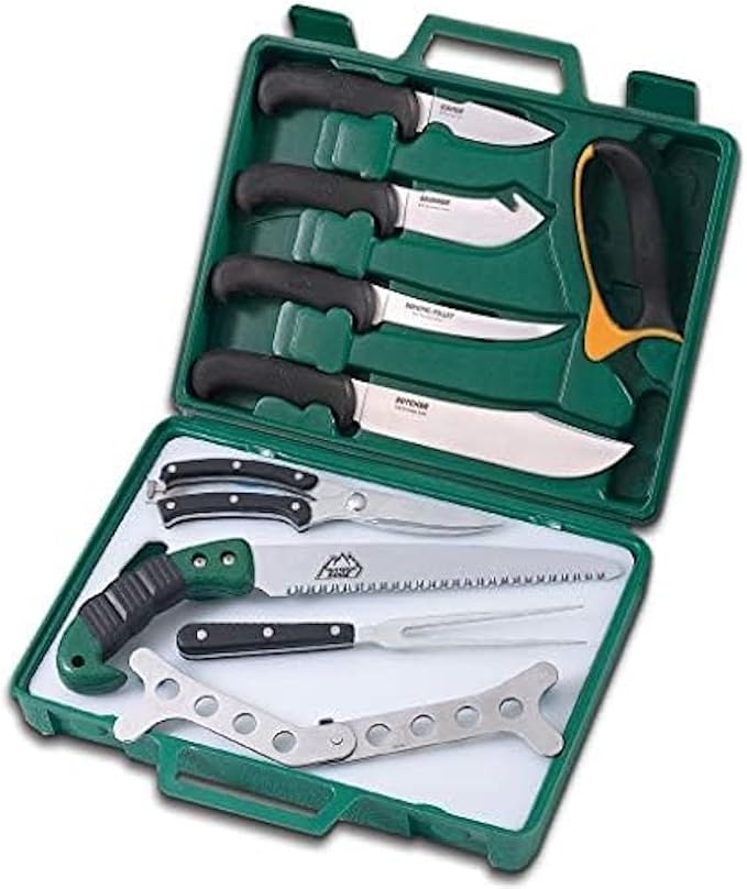 Outdoor Edge Game Processor, PR-1, Complete 12-Piece Hunting Knife Kit for Processing Big Game, Full Tang 420J2 Stainless Razor Sharp Blades, TPR Non-Slip Handles, Sturdy Hide-Side Storage Case