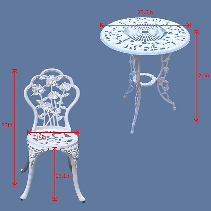 KAILI Outdoor Furniture Bistro Set with Rose Pattern 1 Table 2 Chairs for Garden Patio Porch (Rose-White)