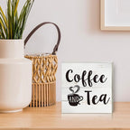 Coffee and Tea Wood Box Sign Kitchen Home Decor, Rustic Funny Coffee Wooden Box Sign Block Plaque for Wall Tabletop Desk Decoration