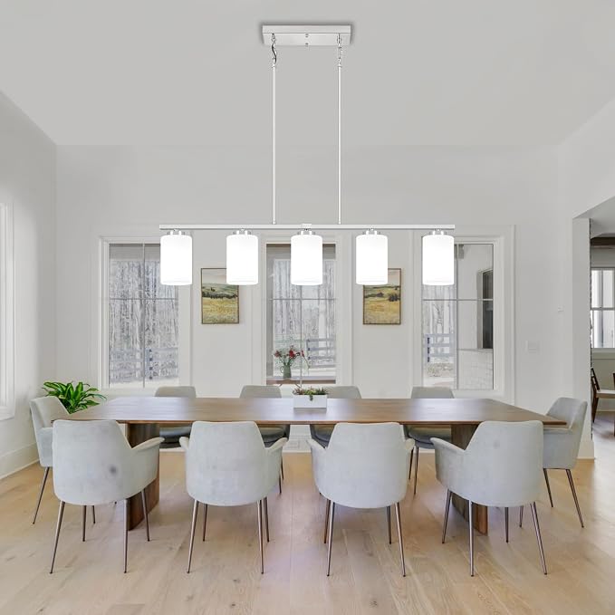 5-Light Kitchen Island Lighting Brushed Nickel Dining Room Light Fixtures | Modern Linear Chandelier Over Table, Adjustable Kitchen Lighting Fixtures Over Island with White Frosted Glass