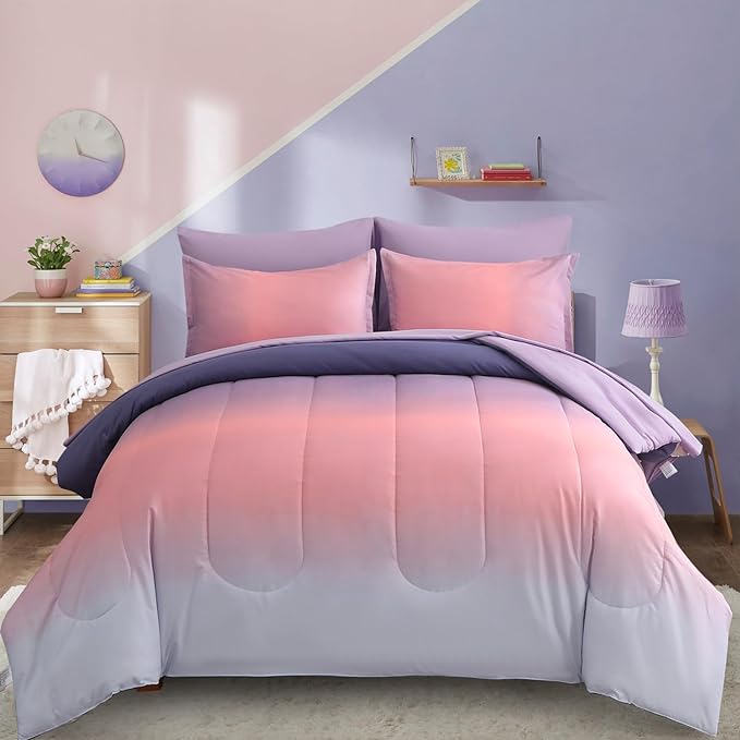 Dinjoy Girls Comforter Set Full Size Colorful Rainbow Ombre Pink Purple Light Blue Bedding Set Gradient 7 Pieces Bed in A Bag for Kids Teen Women(1 Comforter, 1 Flat Sheet, 1 Fitted Sheet)