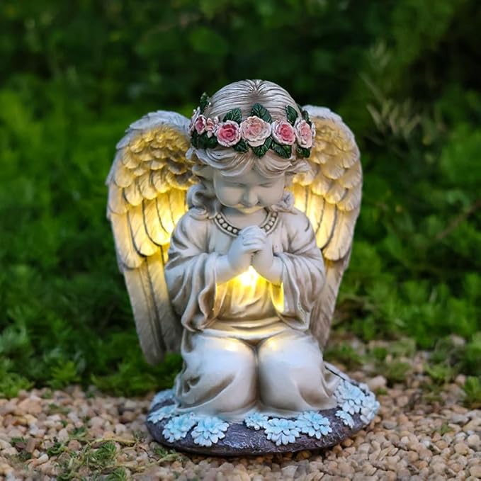 Solar Garden Outdoor Statues Lights, Resin Angel Figurine Light for Patio, Balcony, Yard, Lawn Ornament, Unique Housewarming Gifts and Yard Decor (Prayer Angel)
