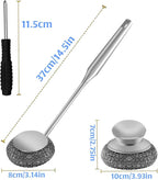 2Pcs Stainless Steel Wool Scrubber Sets, Dish Scrubber with Long Short Handle Stainless Steel Scrubber Cleaning Brush Metal Scrubber with Replacement, Steel Scrubber for Dishes Tableware Home Kitchen