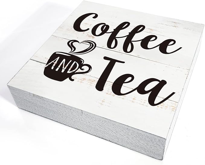 Coffee and Tea Wood Box Sign Kitchen Home Decor, Rustic Funny Coffee Wooden Box Sign Block Plaque for Wall Tabletop Desk Decoration