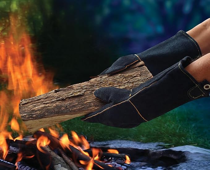 Extra Long Leather Gloves, Extreme High Heat Resistant Gloves, Rugged but Comfortable for Outdoor Cooking, Oven Use, Campfire, Bonfire, Grilling, Fire Pits, Hot Logs, Backyard BBQ by Mr Bar-B-Q 40113Y