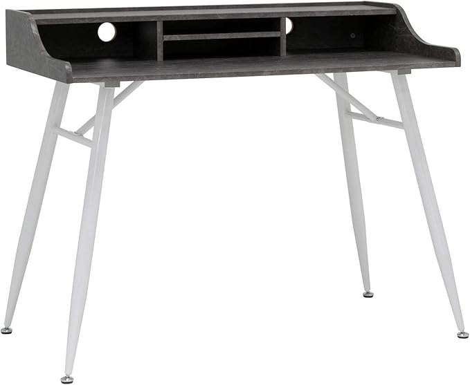 Calico Designs Woodford 45” Wide Modern, Secretary, Writing, Desk with Low Storage Hutch and Whtie Metal Tapered Legs in Marbled Dark Grey, White