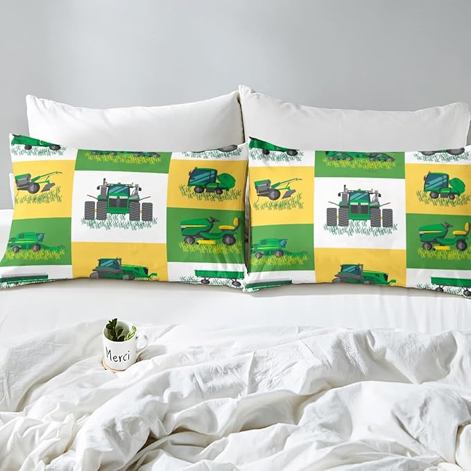 Boys Cartoon Truck Car Down Comforter Twin Size Kids Construction Vehicles Tractor Comforter Set for Kids Children Farm Excavator Bedding Set Construction Site Cars Duvet Set, Green Yellow