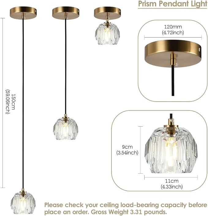 Modern Pendant Light, Brushed Brass Pendant Light Fixture for Kitchen Island, Small Cut Crystal Single Pendant Lighting for Dining Room Bathroom