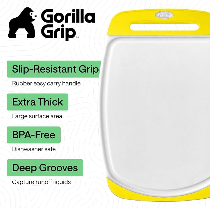 GORILLA GRIP BPA-Free Reversible Kitchen Cutting Board Set of 3, US Designed, Nonporous, Juice Grooves Catch Liquid, Slip Resistant Border, Dishwasher Safe, Durable Large Food Chopping Boards, Yellow