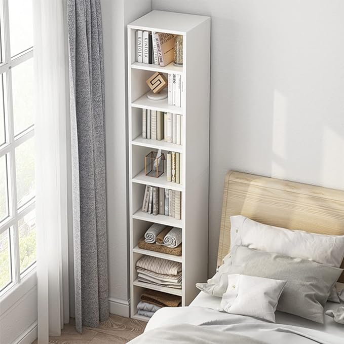 IOTXY Small Narrow Corner Bookcase - 47 Inches Tall Gap Freestanding Storage Cabinet, 5 Lattices Open Shelves Tower Rack, Cubes Bookshelf in Oak