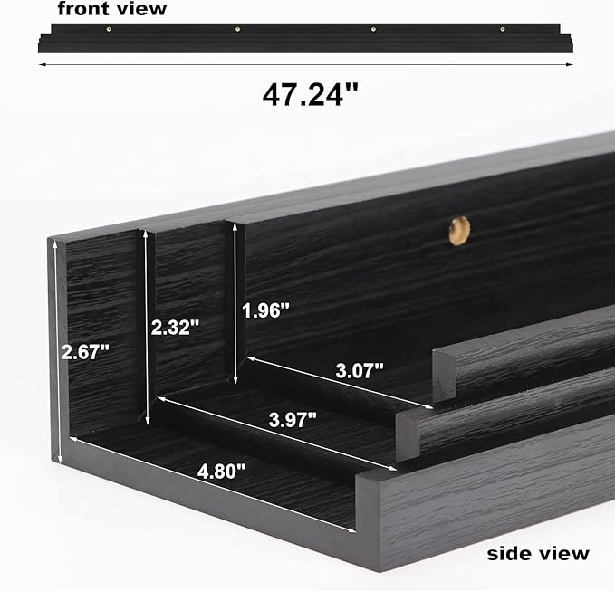 Giftgarden 47 Inch Black Floating Shelves Ledge, Wall Mount Long Picture Rail Large Woodgrain Photo Shelving for Living Room Bedroom Office, Set of 3 Different Sizes