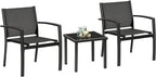 Greesum 3 Pieces Patio Furniture Outdoor Bistro Set Textilene Fabric Chairs for Lawn, Garden, Balcony, Poolside with A Glass Coffee Table, Black