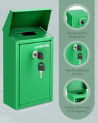 Uniclife Green Metal Donation Box, Wall Mounted Mailbox for Outside | Safe Suggestion Box with Key Lock, Steel Key Drop Box for Outside, Cash Box for Home Office and Business