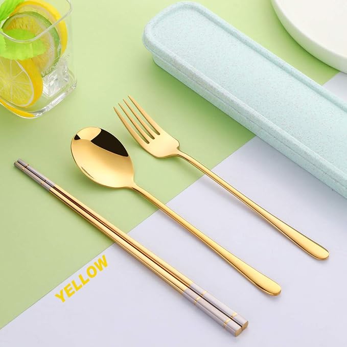 3 PCS Stainless Steel Travel Camping Flatware Set Fork Spoon Chopsticks with Portable Case, Gold