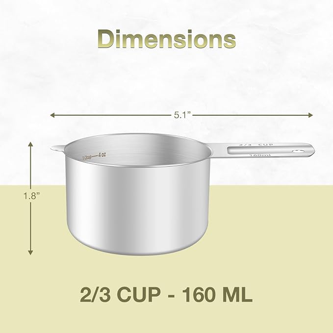 2PCS 2/3Cup (160ml, 5.3oz) Single Measuring Cup, Etched Inner Scale Stainless Steel Measure Scoop, Metric and US Measurement, Dishwasher Safe