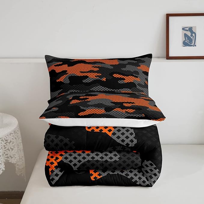 Erosebridal Army Camouflage Comforter Set Twin Size Teens Adult Camo Bedding Set for Kids Boys Girls Colorful Pattern Decor Down Comforter Orange Black Grey Duvet Set Geometric Pattern Quilt Set