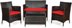 Goplus 4-Piece Rattan Patio Set, Outdoor/Indoor Wicker Conversation Set for Pool, Backyard, Lawn, Wicker Chairs and Sofa with Soft Cushion, Rattan Furniture with Tempered Glass Coffee Table
