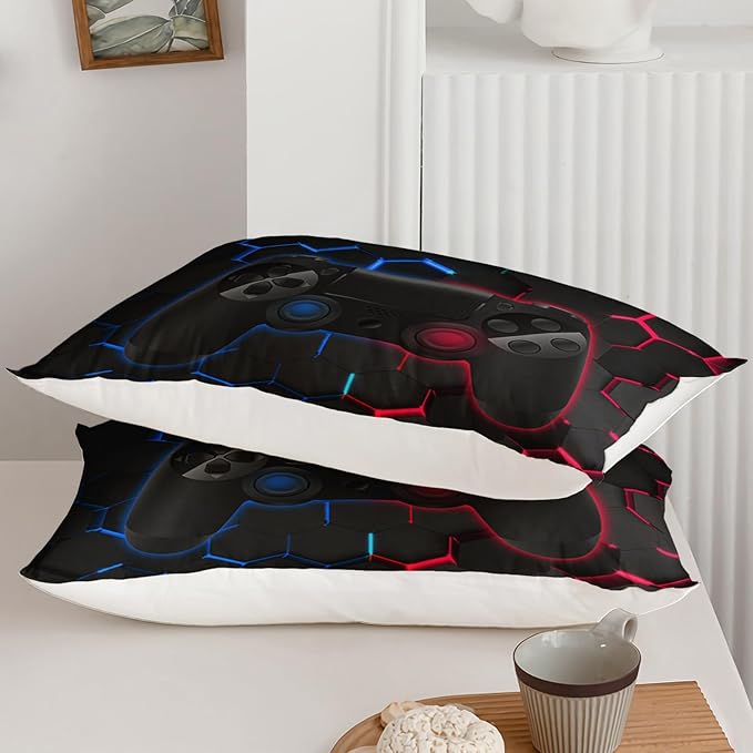 Axolotl Gamer Comforter Sets Queen,Geometric Honeycomb Gaming Bedding Sets,Video Games Comforter,Gaming Bedding Set,Game Console Comforter Set for Kids Boys Girls Teens,1 Quilt 2 Pillowcases,Blue Red