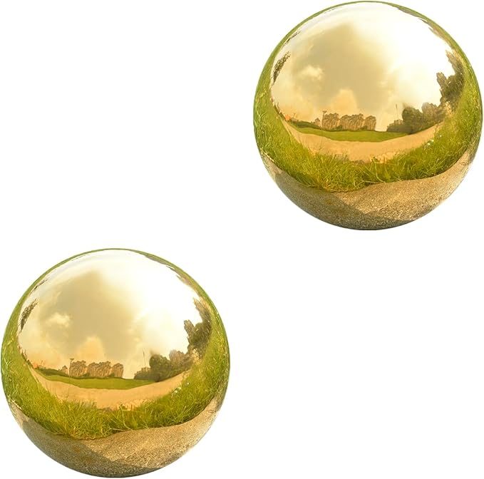 Nerien Gazing Ball, 3.9" Stainless Steel Garden Mirror Globe, Polished Ornament Sphere, Hollow Floating Reflective Hemisphere, Home Outdoor Pond Housewarming Swimming Pool Decoration, Gold, 2pcs