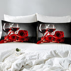 Erosebridal Rose Wine Glass Comforter Set for Girls Red Black Rose Bedding Set Full Size Floral Blossom Quilt Set Banquet Flower Romantic Valentine's Day Duvet Set, Women Men Adult Grey Comforter Set