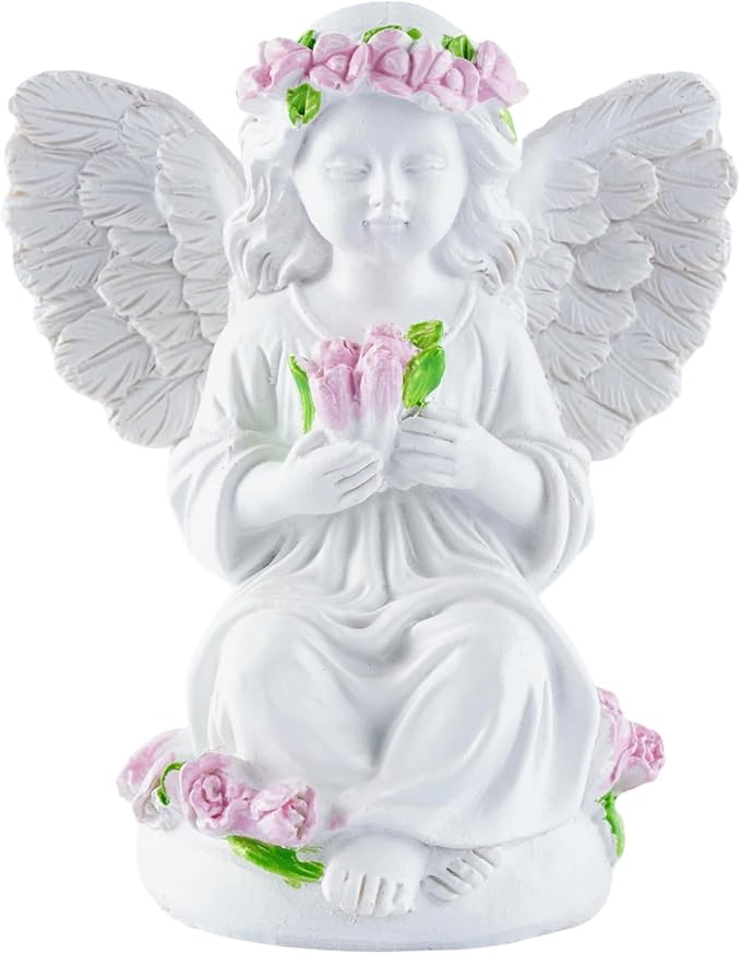 Resin Angel Statues Holding Pink Roses: Indoor & Outdoor Winged Angel Decor, Ideal for Home and Garden, Perfect Blessing Gift for Parents and Friends