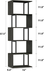 Furologee 6 Tier Bookshelf Tall Geometric Bookcase, S-Shaped Industrial Display Standing Shelf, Metal and Wood Decorative Storage Room Divider Shelves for Bedroom, Living Room, Office, Light Black Oak