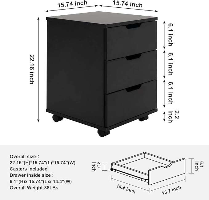 Farini 3-Drawer Vertical Filing Cabinet Rolling Wood Mobile File Cabinets Under Desk for Home Office with Casters (Black, Non-Assembled)
