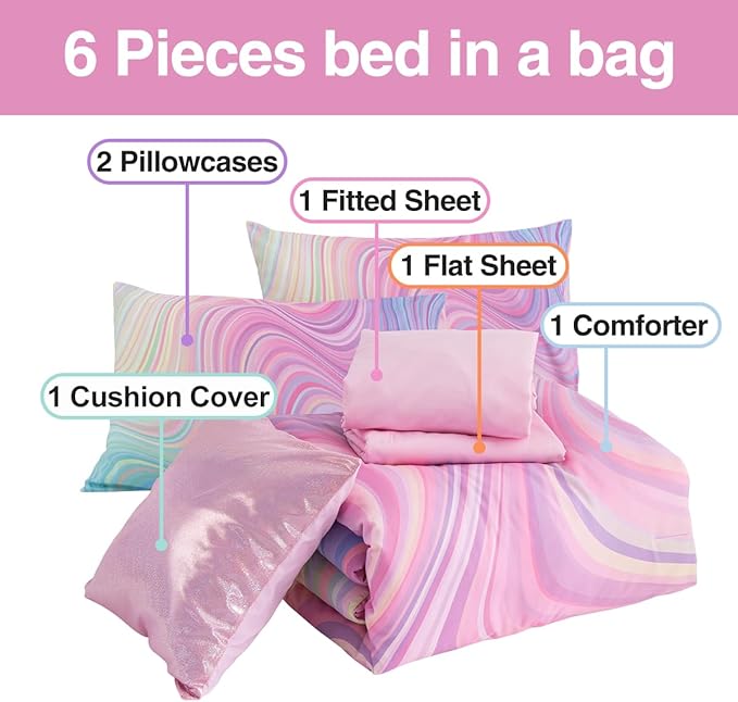 Btargot Super Soft 6 Pieces Gradient Wavy Line Comforter Set, Colorful Glitter Rainbow Star Pattern Bedding Set for Boys Girls Teens, Full Pink Green