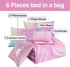 Btargot Super Soft 6 Pieces Gradient Wavy Line Comforter Set, Colorful Glitter Rainbow Star Pattern Bedding Set for Boys Girls Teens, Full Pink Green
