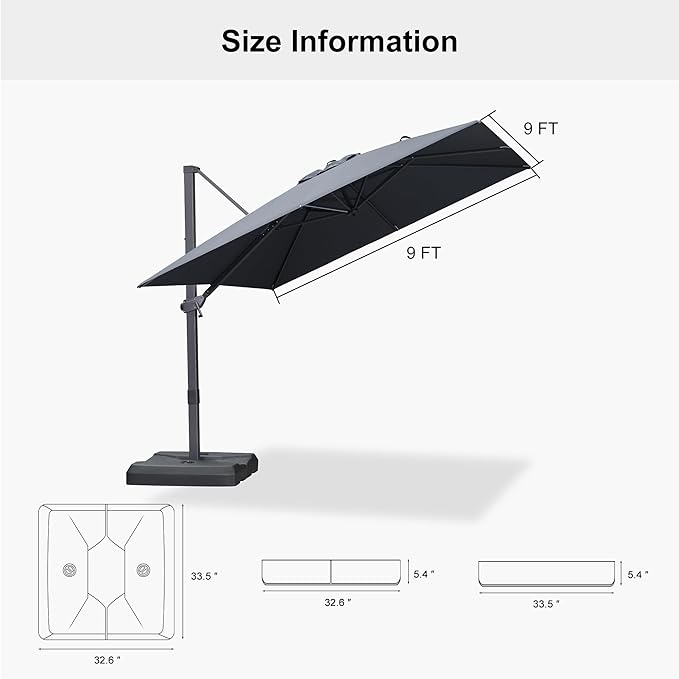 PURPLE LEAF 9' × 9' Patio Cantilever Umbrella with Base Outdoor Square Adjustable Offset Umbrellas with 360-degree Rotation and 8 Heavy Duty Metal Ribs for Garden Deck Pool Grey
