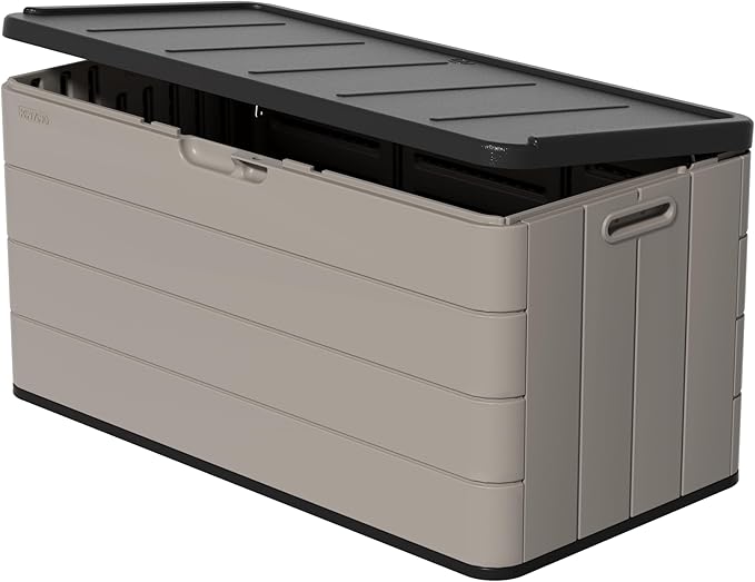 100 Gallon Large Resin Deck Box - Lockable Waterproof Outdoor Storage Bench for Patio Cushions, Garden Tools & Pool Accessories - Wood-Look Texture, Weather-Resistant for Backyard & Porch