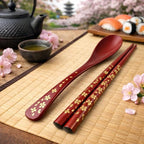 Premium Japanese Chopsticks with Spoon Reusable [ Made in Japan ] Traditional Lacquer Art Wooden Chopsticks (Gold Flower RD(YM2002))