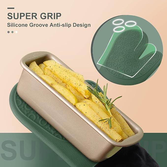 sungwoo Extra Long Silicone Oven Mitts, Heat Resistant Oven Gloves with Quilted Liner Non-Slip Textured Grip Perfect for BBQ, Baking and Cooking - 1 Pair 14.6 Inch Midnight Green & Black