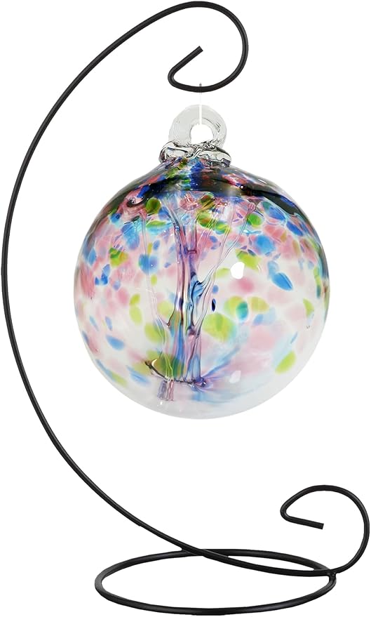 Dale Tiffany AC25004-D4 Rainbow Tree of Life Hand Blown Art Glass Ornament Witch Globe Gazing Ball, Hope, 4" Diameter with Hanging Stand