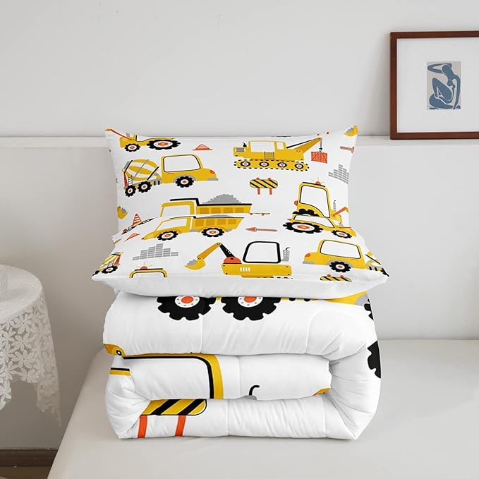 Feelyou Cartoon Car Comforter Set Kids Construction Comforter for Boys Equipment Trucks Bedding Set Breathable Cartoon Yellow Car Excavator Tractor Duvet Set Room Decor Quilt Set Twin Size