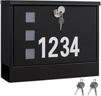 LAND·VOI Locking Mailbox Wall Mounted, Metal Postbox with Three Sets of Mail Box Number Stickers, 4 Keys, 14.4" x 4.5" x 11.2", Large Capacity, Black, AMB11B