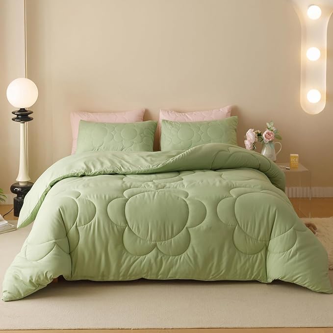 Sage Flower Comforter King Green Sunflower Print Bed King Comforter Set 3 Pieces Green Floral Comforter Set for Women Girls Bedroom Decor All Season Hotel Quality Comforter Set