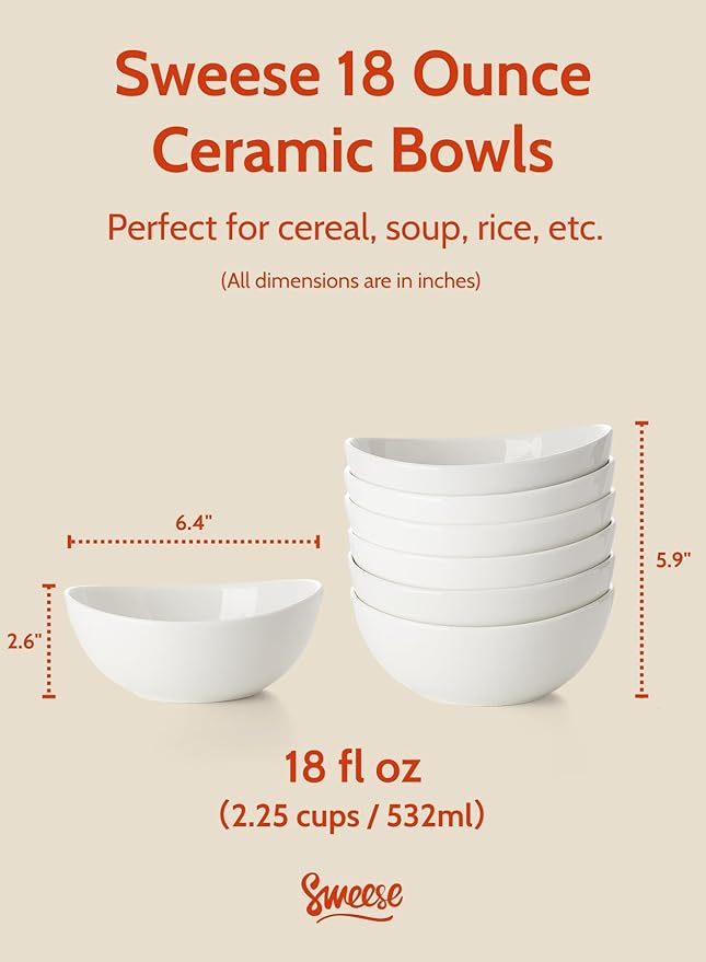 Sweese 18 oz Medium White Porcelain Bowls - Set of 6 Cereal, Soup, Rice & Salad Bowls, Ceramic Serving Bowls for Everyday Use