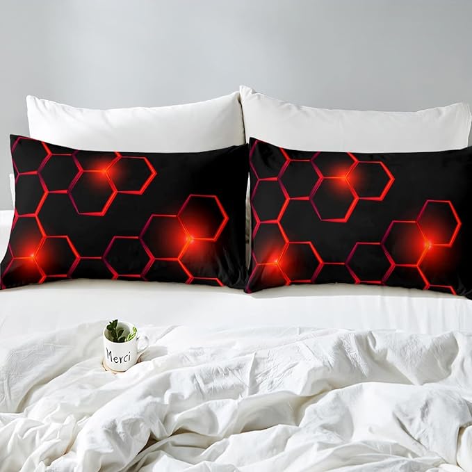Honeycomb Kids Comforter Set Modern Geometry Hexagon Bedding Set for Boys Children Teens Bedroom Decor Geometrical Comforter Beehive Geometric Black Red Duvet Set Queen Size with 3 Pillow Case