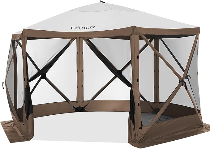 COBIZI 12x12ft Pop up Gazebo Screen Tent Screen House for Camping, Camping Outdoor Screened Gazebo with Mosquito Netting, Portable Hub Tent with Carrying Bag and Ground Stakes, Brown(Upgraded 2.0)