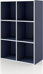 Apexa 6 Cube Storage Organizer Shelves, Stackable Wood Bookcase Fits Cubby Bins for Organization, Dorm Teen Room Decor & Home Office, Steel Blue